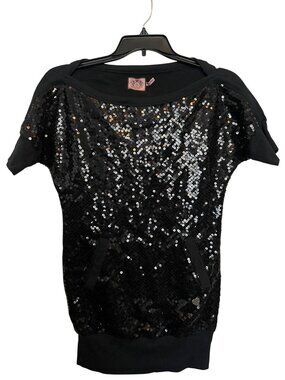 Juicy Couture Black Sequin Short Sleeve Top With Pockets